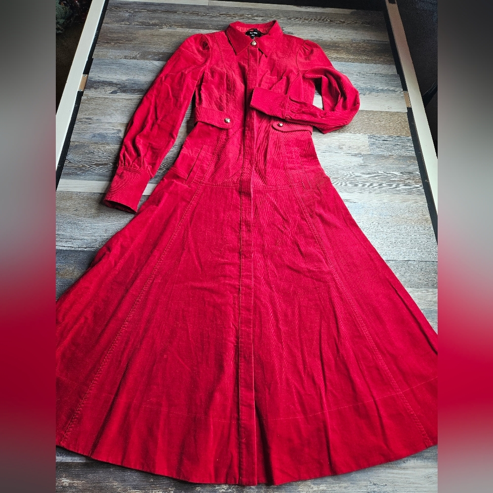 ME+EM Red Fluid Cord Gold Button Midi Shirt Dress Size 2 - Picture 2 of 14